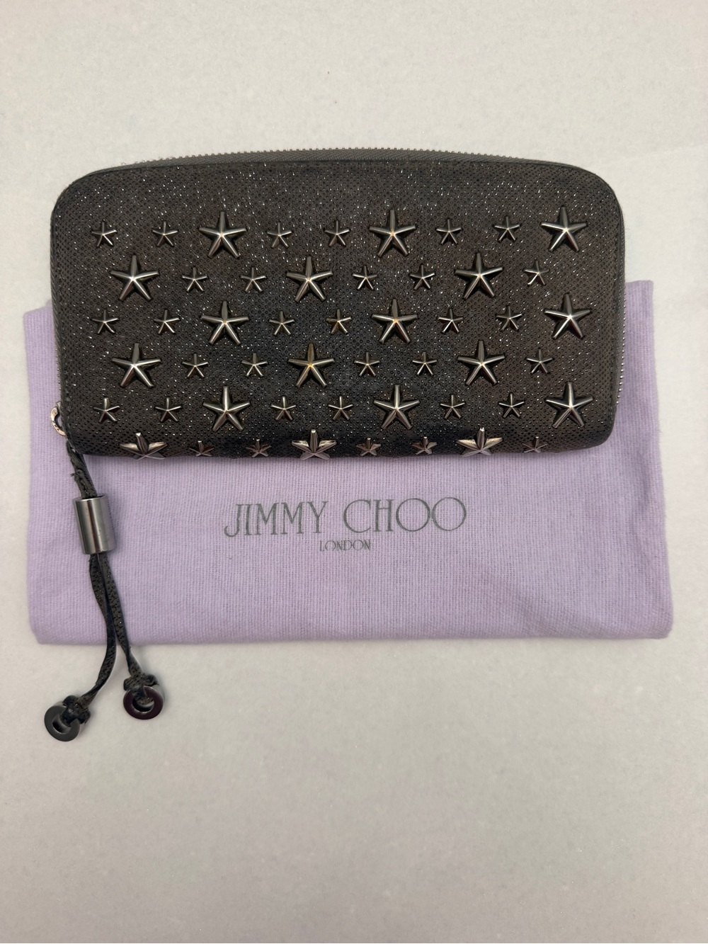 Jimmy Choo Star Studded Zip-Around Wallet — Gunmetal Glitter Leather